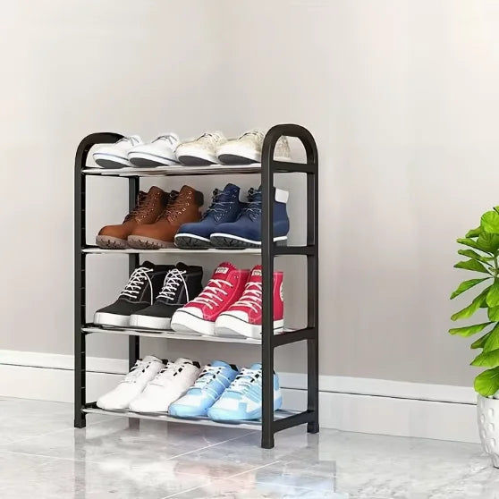 Multi-Layer Shoe Rack Single Row 4-Layer Storage Metal Stackable Tower (White)
