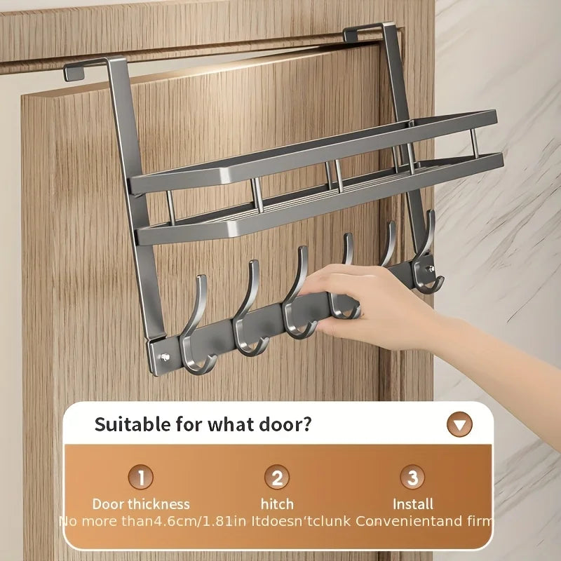 Multifunctional Metal 5-Hooks Over-the-Door Storage Rack (Gray)