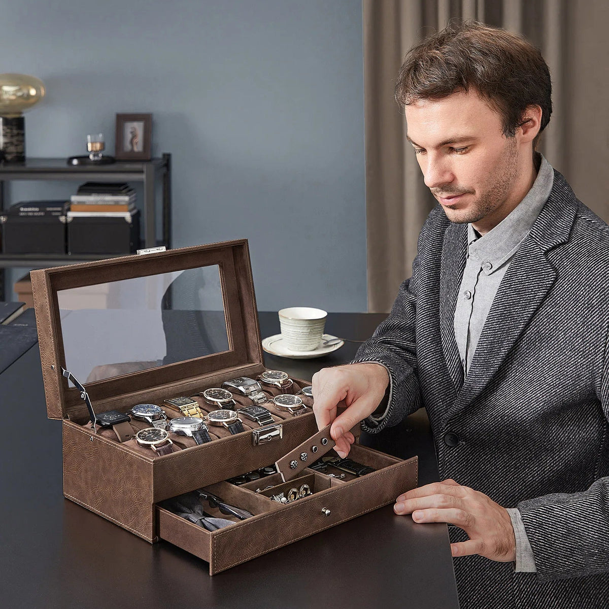 Lockable 12-Watch Display Case Dual-Layer Box Storage (Brown)