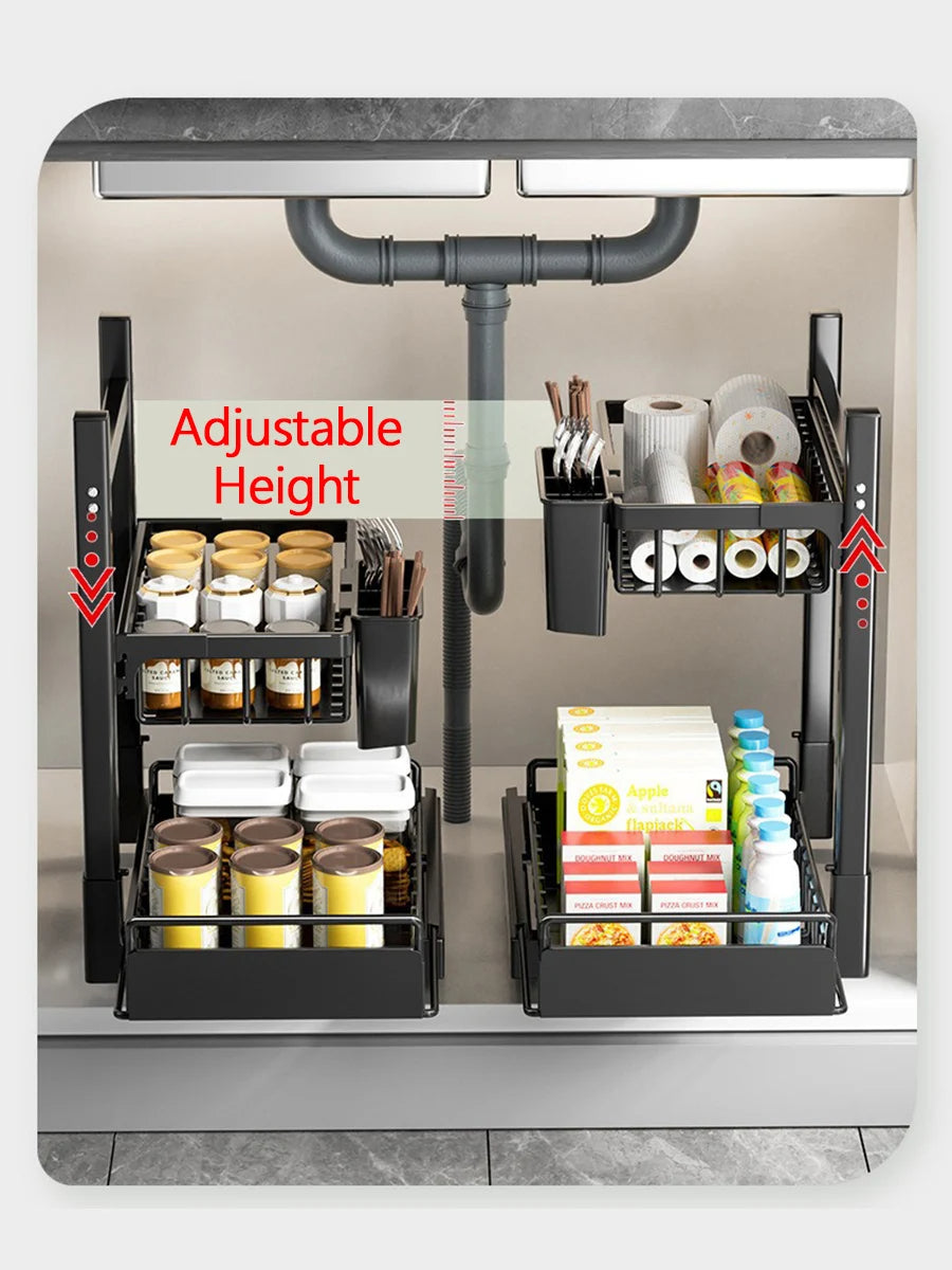 Under Sink Organizer with Sliding Drawers 2-Tier Height Adjustable Kitchen Cabinet Storage