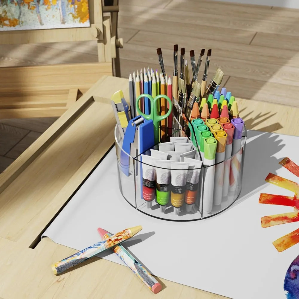 Acrylic Desk Organizer with 6 Compartments 360° Rotating Pen Holder and Marker Organizer for Office School