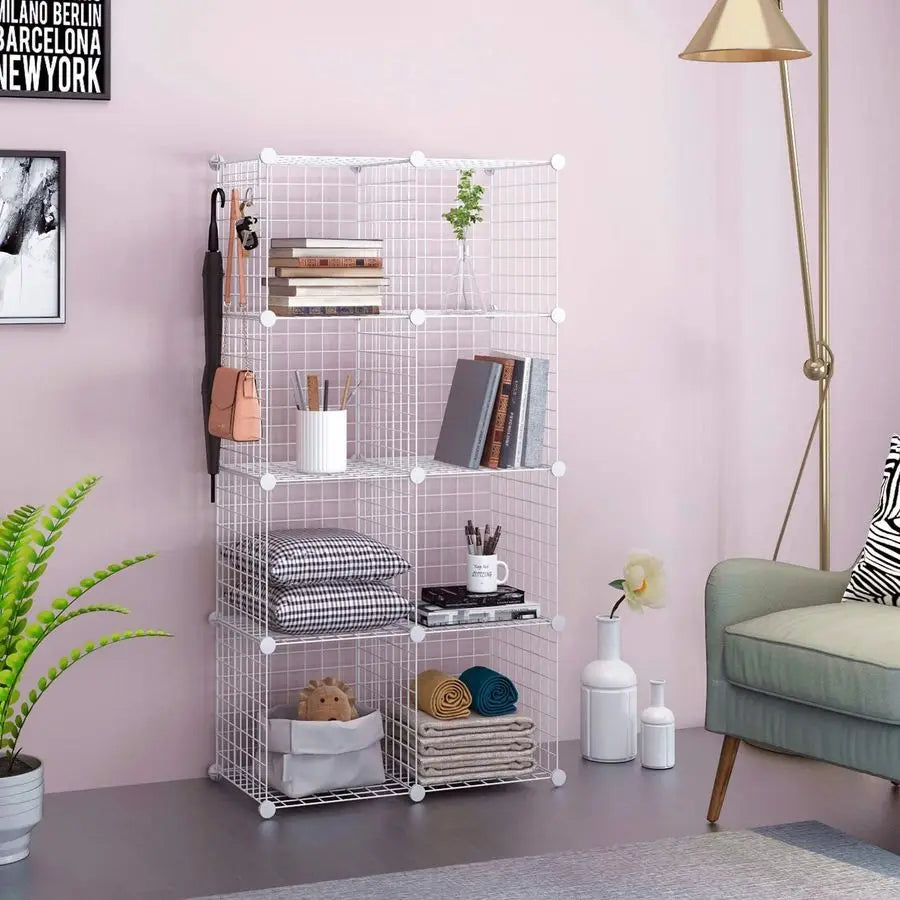8-Cube Wire Storage Organizer – Modular Metal Grid Shelving Unit (Light Gray)