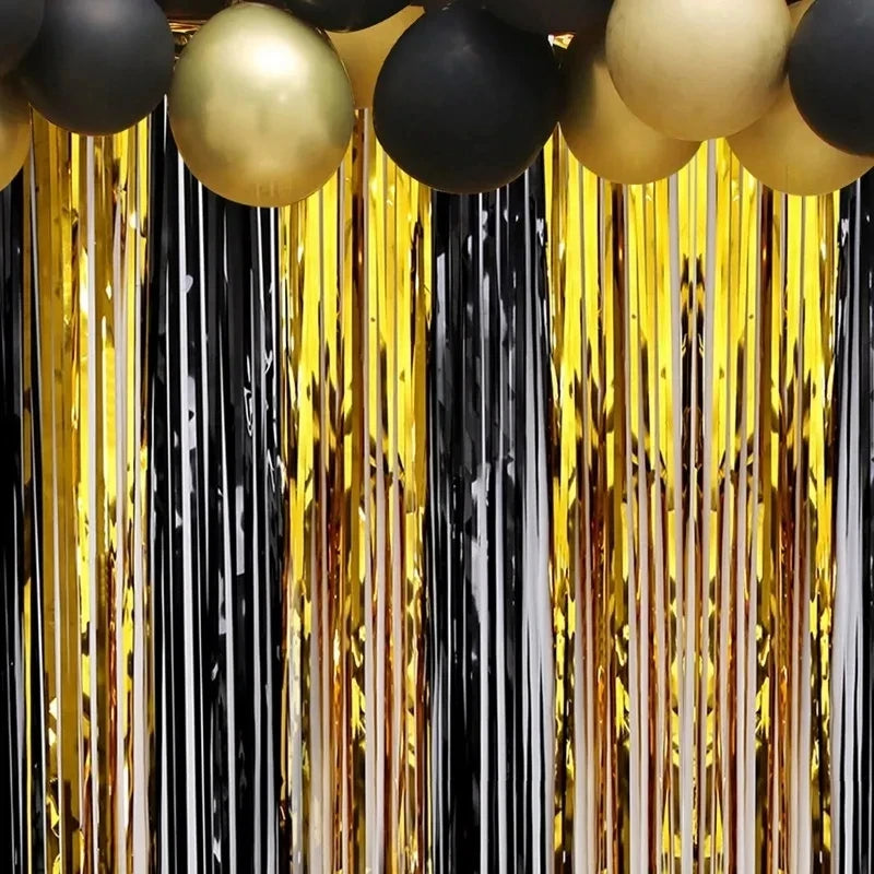 Black Gold Tinsel Fringe Foil Curtain for Birthday Party Decorations Backdrop