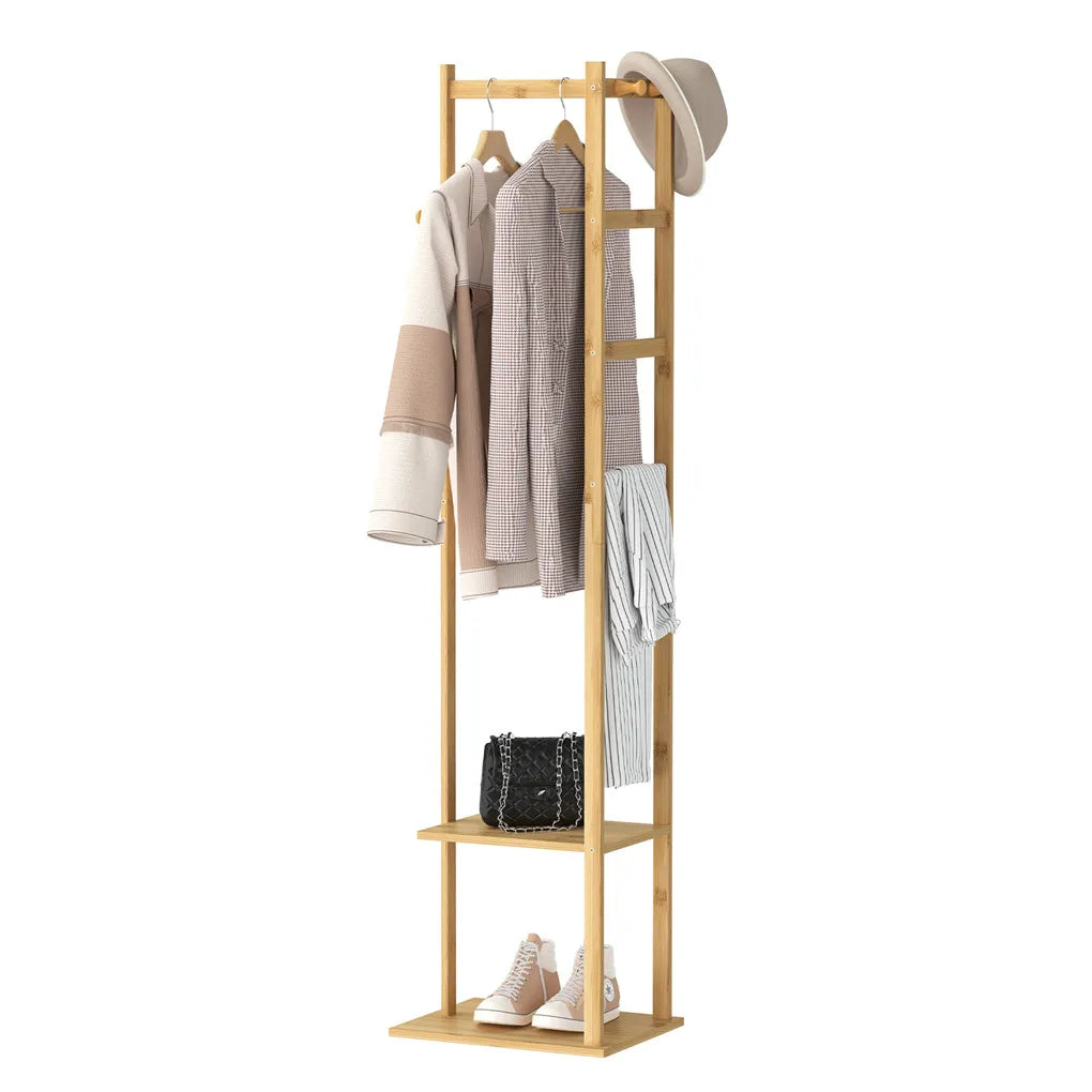 Bamboo Garment Rack with 2-Tier Storage Shelves – Freestanding Wooden Clothes Hanging Rack &amp; Closet Organizer