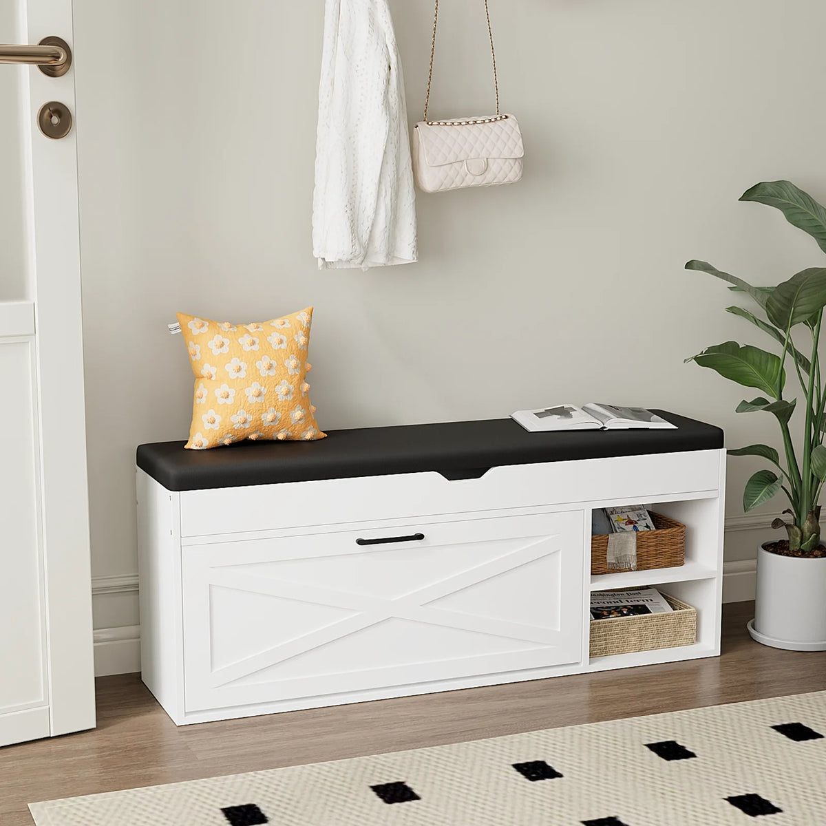 Shoe Bench Cabinet with 1 Flip Drawer &amp; 2 Storage (Black)