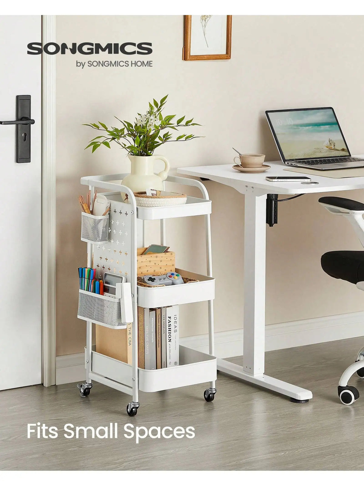 Rolling Utility Cart Metal Mesh 3-Tier Storage Shelves with Pegboards &amp; Hooks (White)