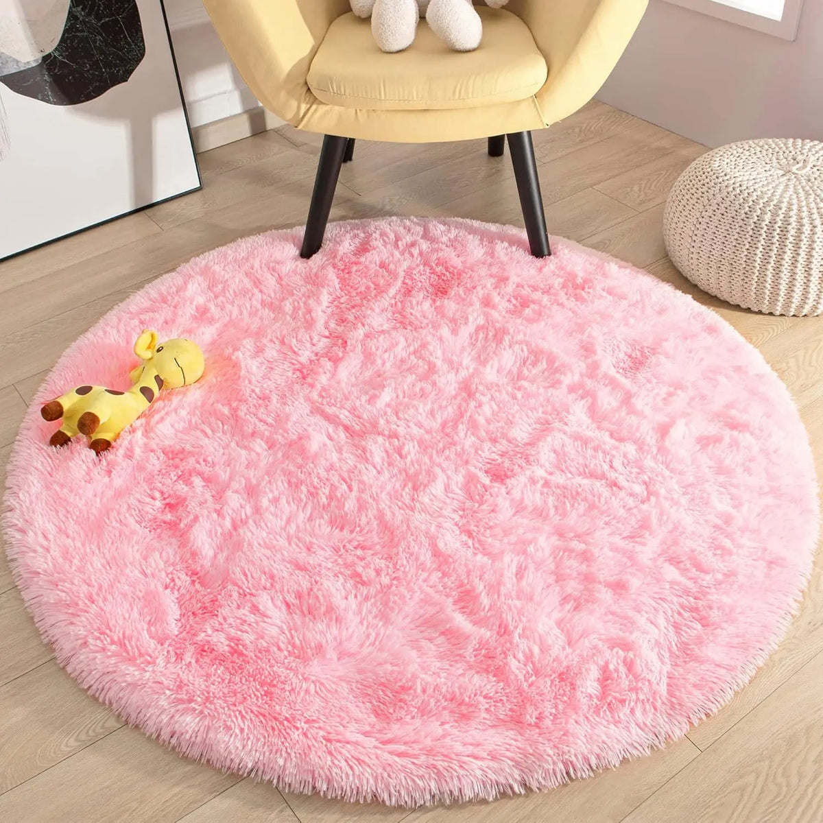 Round Fluffy Area Rug Thick Plush for Living Room Bedroom (Pink)