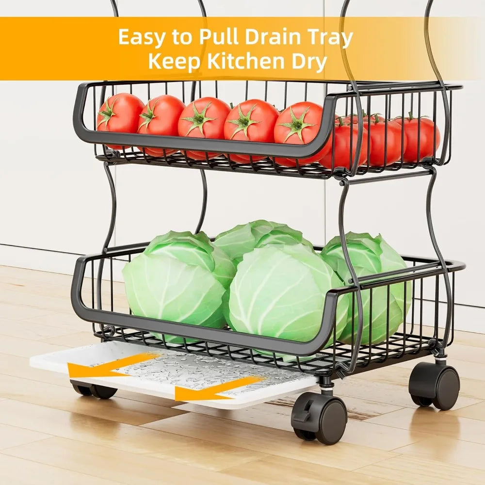 4-Tier Rolling Fruit Vegetable Basket – Stackable Metal Wire Kitchen Cart with Wheels