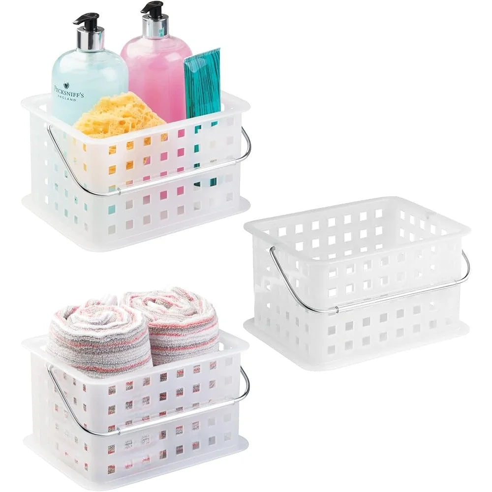 Plastic Storage Baskets Set of 3 with Handles for Bathroom Organization