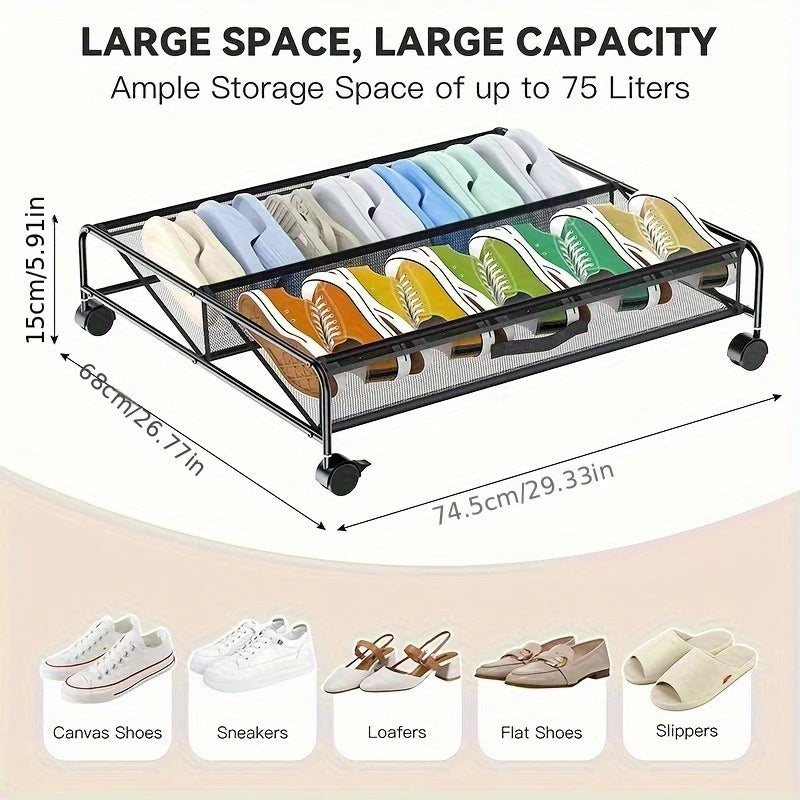 Underbed Shoe Storage Organizer Cabinet with Wheels and Breathable Mesh for Home Dorm