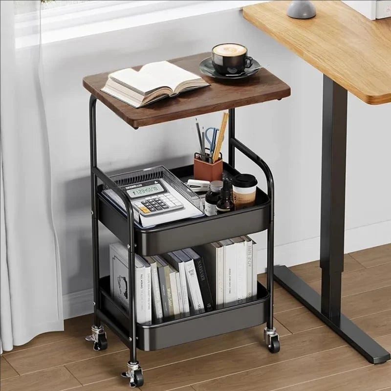 3-Tier Rolling Utility Cart with Wooden Shelves Industrial Metal Storage Rack with Handles
