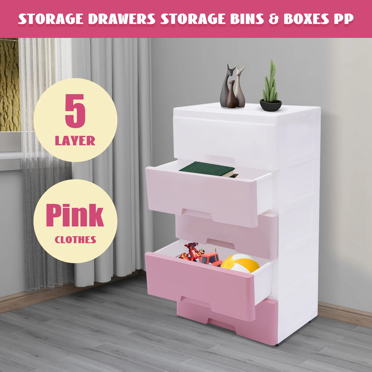 Tall 5-Drawer Pink Gradient Storage Organizer 17.1&quot; Wide Stackable Plastic Cabinet for Clothes/Toys (22lbs Capacity)