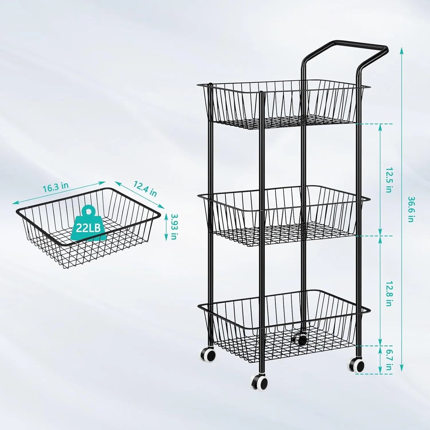 Metal 3-Tier Rolling Kitchen Cart (Black)
