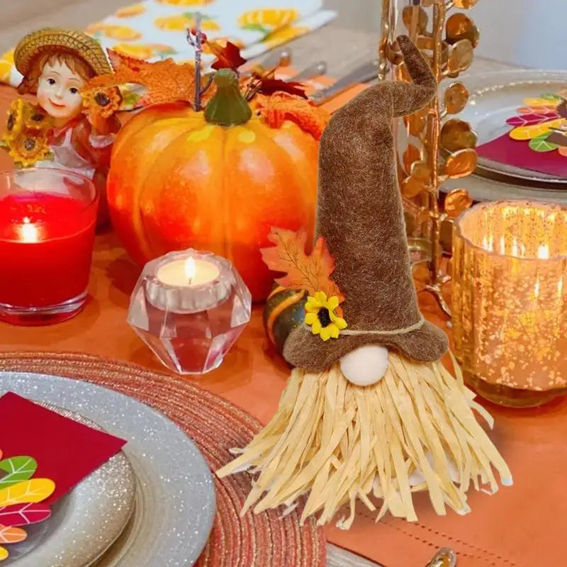 Fall Thanksgiving Gnome Decor Cute Desktop Ornament Tiered Tray Accessory (Brown Hat)