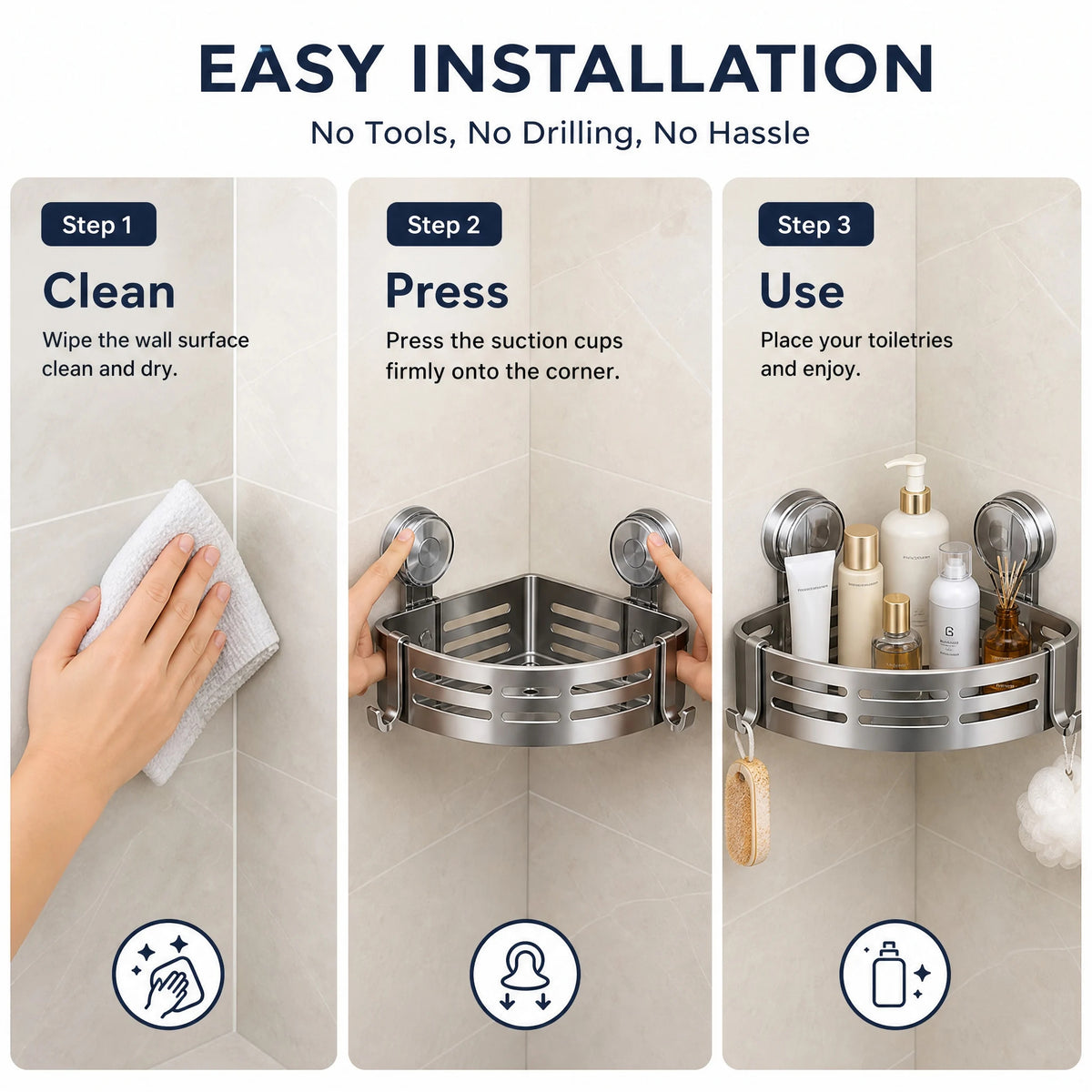 Shower Caddy Organizer, 1-Tier Suction Corner Shower Shelf, No-Drill Wall Mounted Bathroom Storage Rack, Rustproof Aluminum Shower Basket with Towel Bar