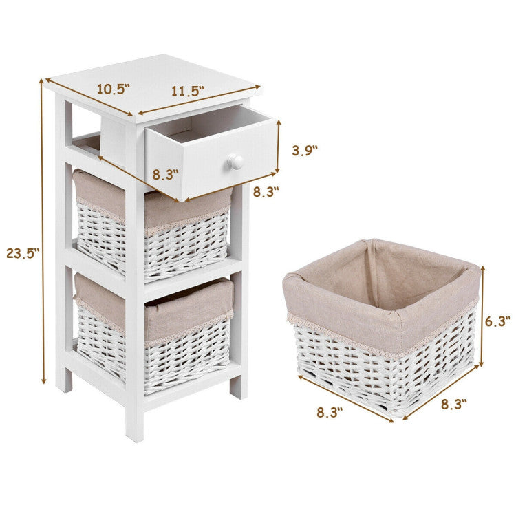 Bedside End Table 2 Pieces with Drawer Baskets for Bedroom Home, White