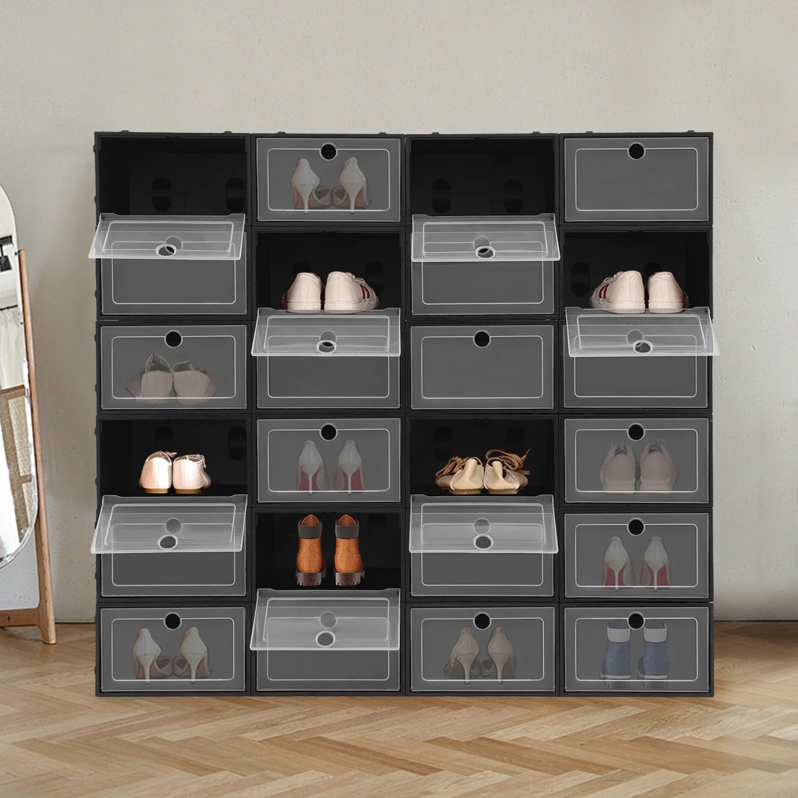 24-Pack Stackable Shoe Storage Box with Clear Front Door (Black)