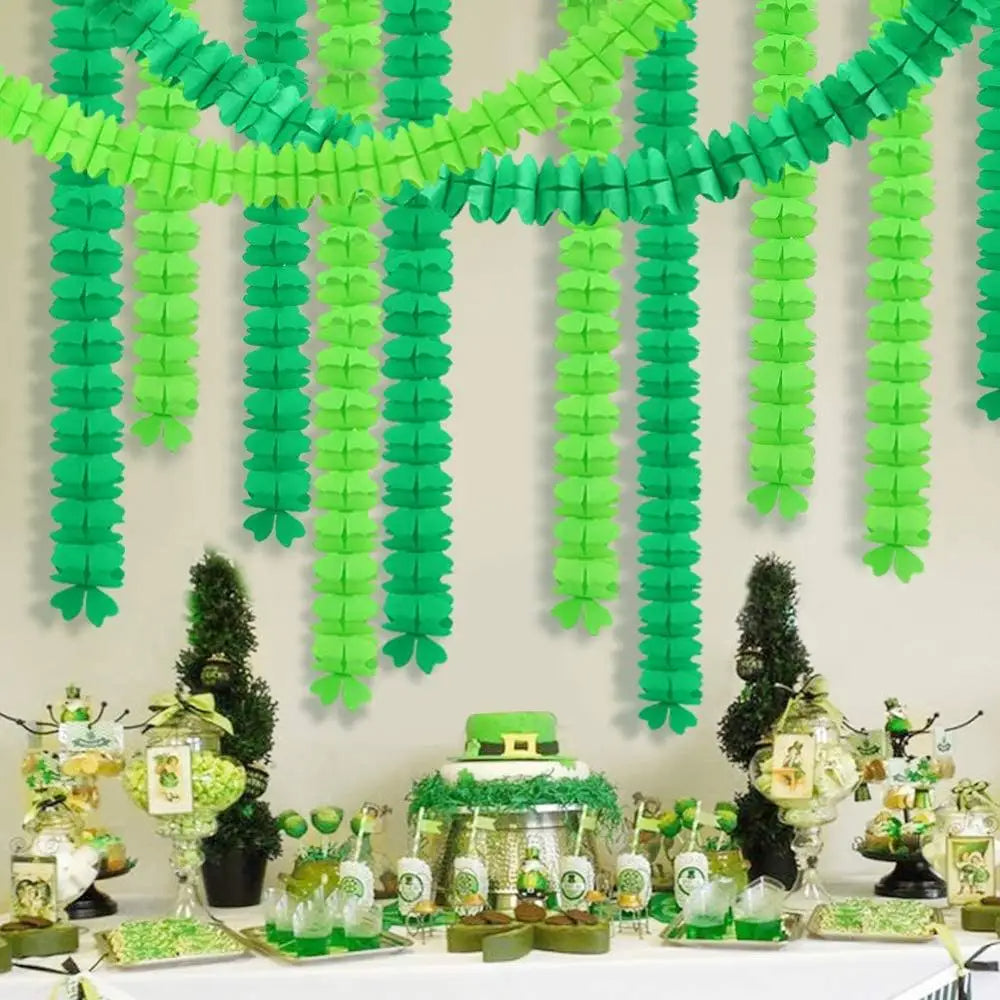 4Pcs Green Paper Leaf Pull Garland Four Leaf Shamrock Clover Streamer