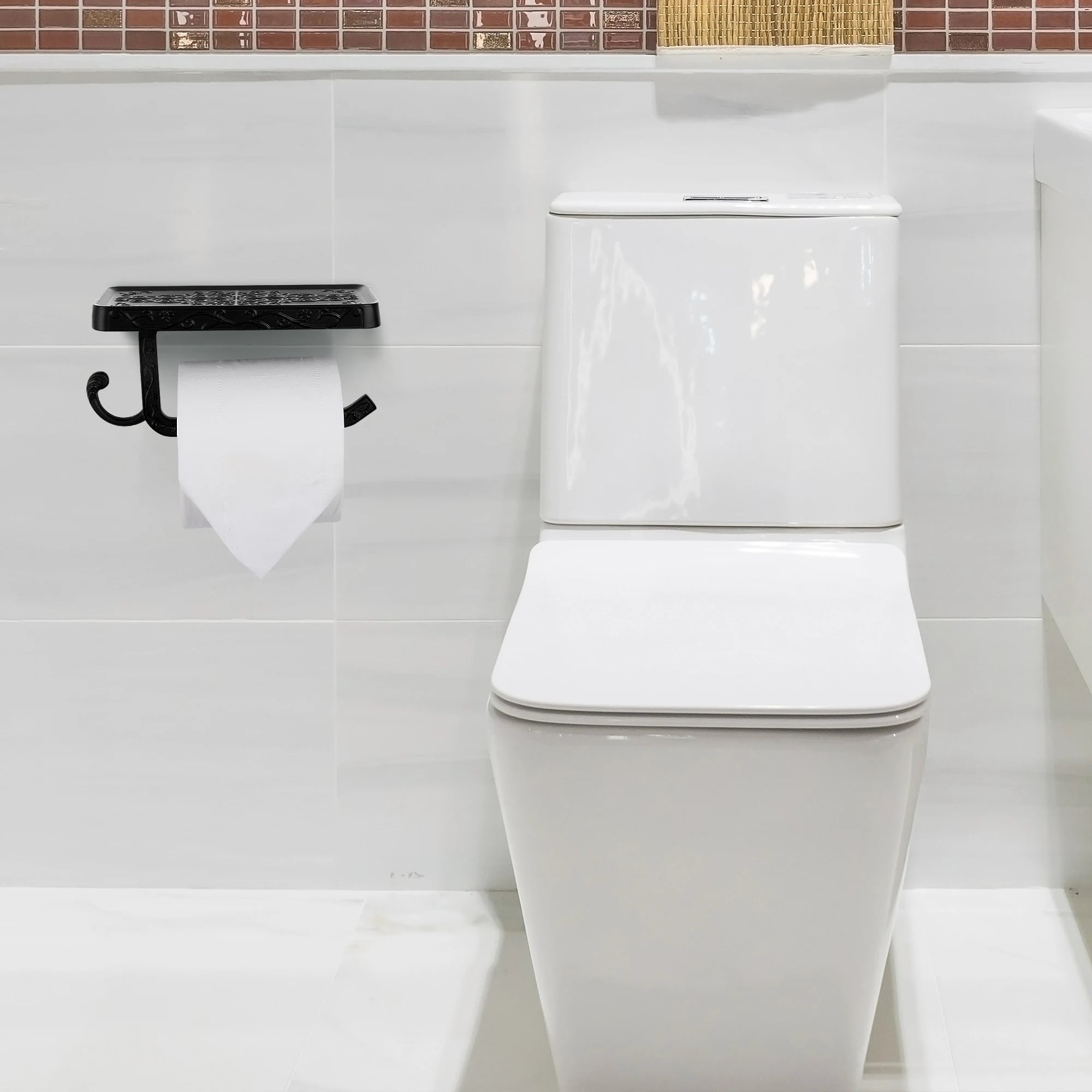 Aluminum Alloy Toilet Paper Holder with Shelf Wall Mount Tissue Roll Storage for Bathroom (Black)