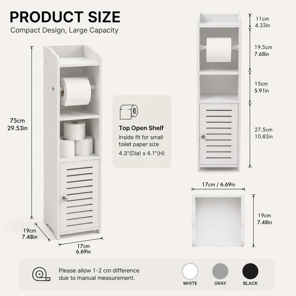 Slim Bathroom Storage Cabinet with Toilet Paper Holder – Narrow PVC Organizer with Shelves and Door for Small Bathrooms