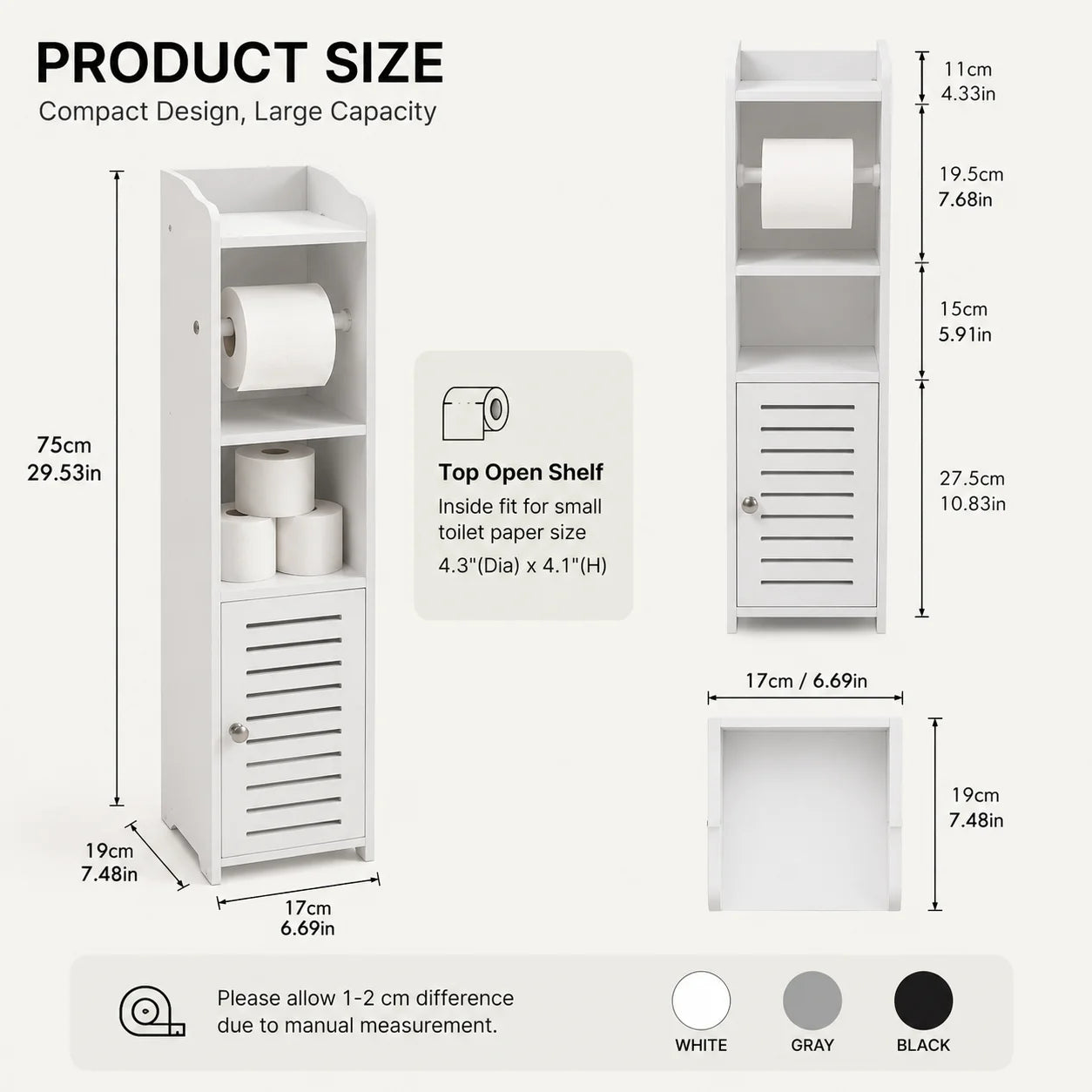 Slim Bathroom Storage Cabinet with Toilet Paper Holder – Narrow PVC Organizer with Shelves and Door for Small Bathrooms