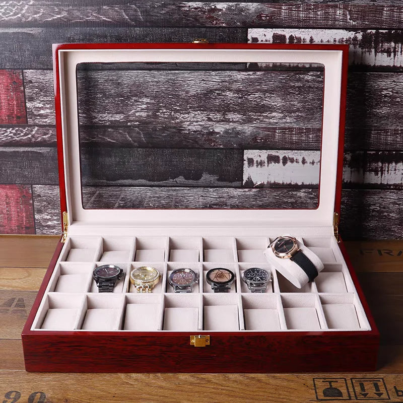 24 Slot Wooden Watch Organizer Display Case with Glass Top Lock
