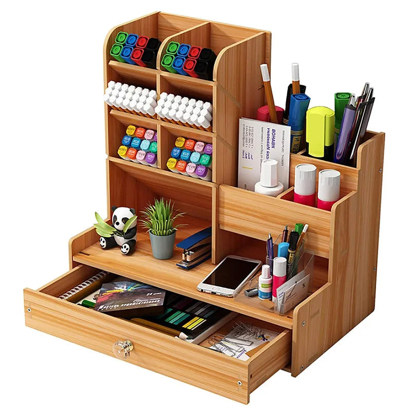 Wooden Desk Organizer with Drawer Large Capacity Stationery Storage for Home Office