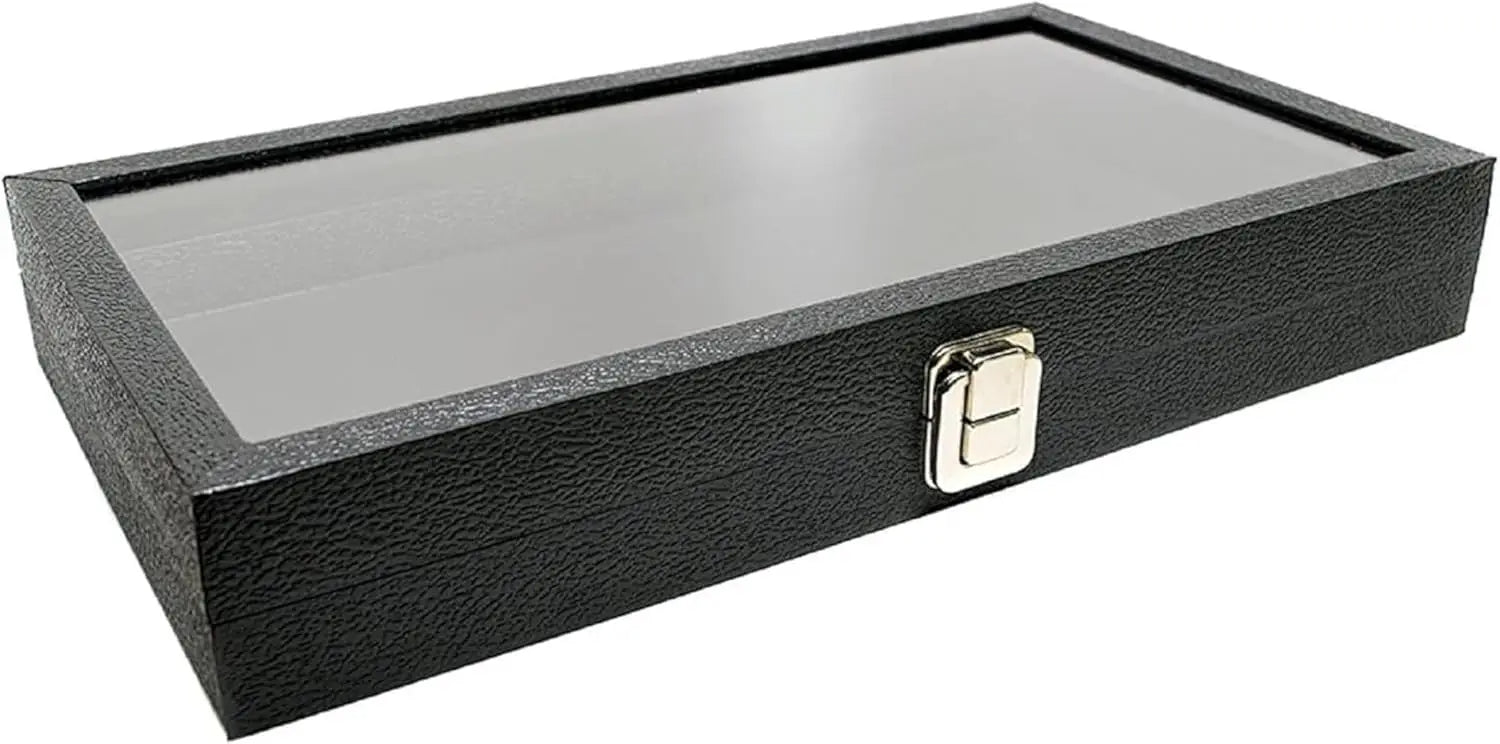 Glass Lid Black Leatherette Display Case Large Jewelry & Collectibles Storage