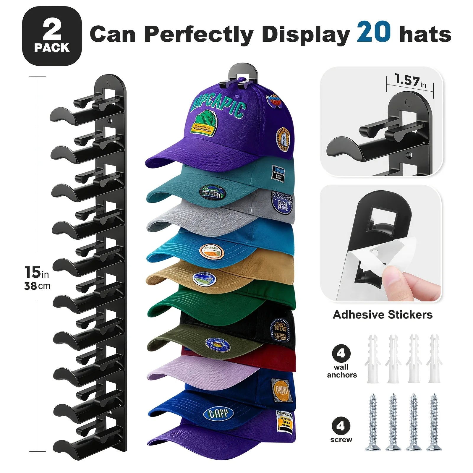 Adhesive Hat Racks Multilayer Hat Storage Organizer for Baseball Caps (Black)