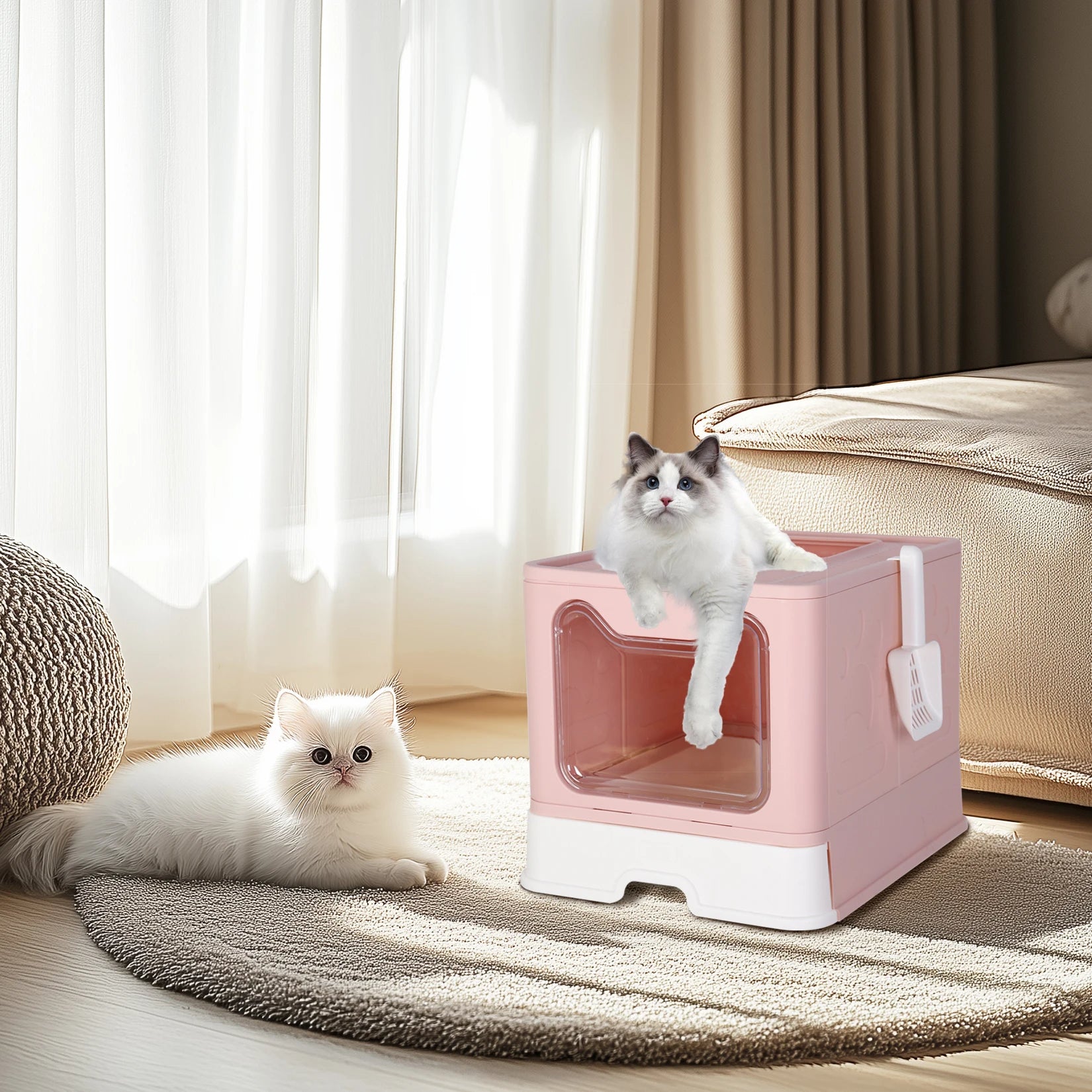 Enclosed Cat Litter Box Large Foldable Self-Cleaning Kitty Toilet with Scoop