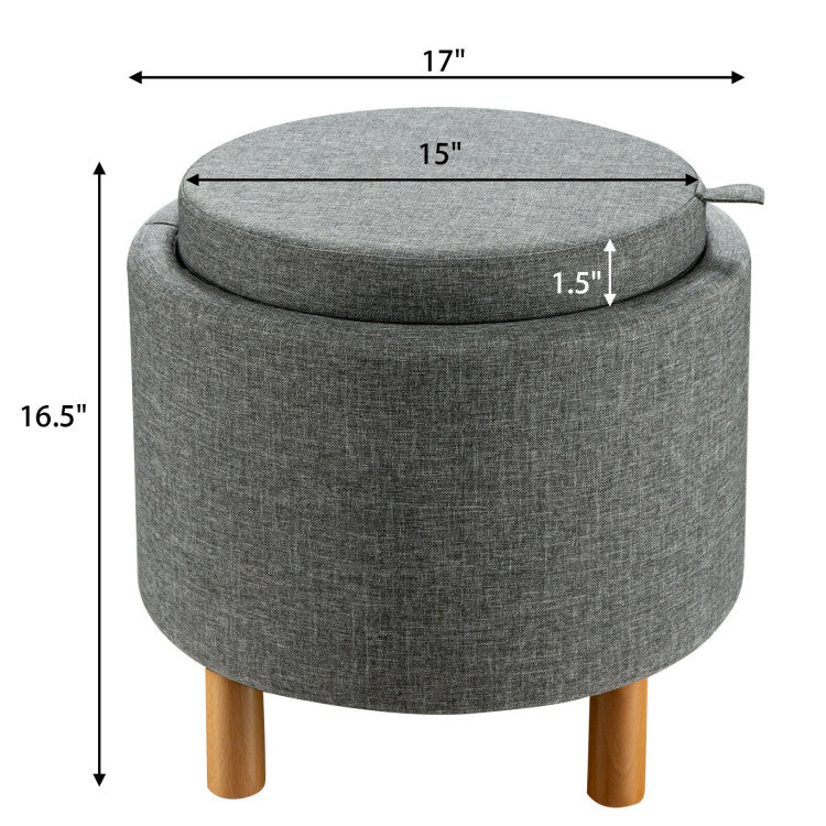 Round Fabric Storage Ottoman with Tray Non Slip Pads for Bedroom (Gray)