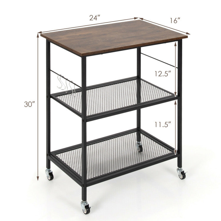 Rolling Microwave Cart 3-Tier Utility Rack (Brown)
