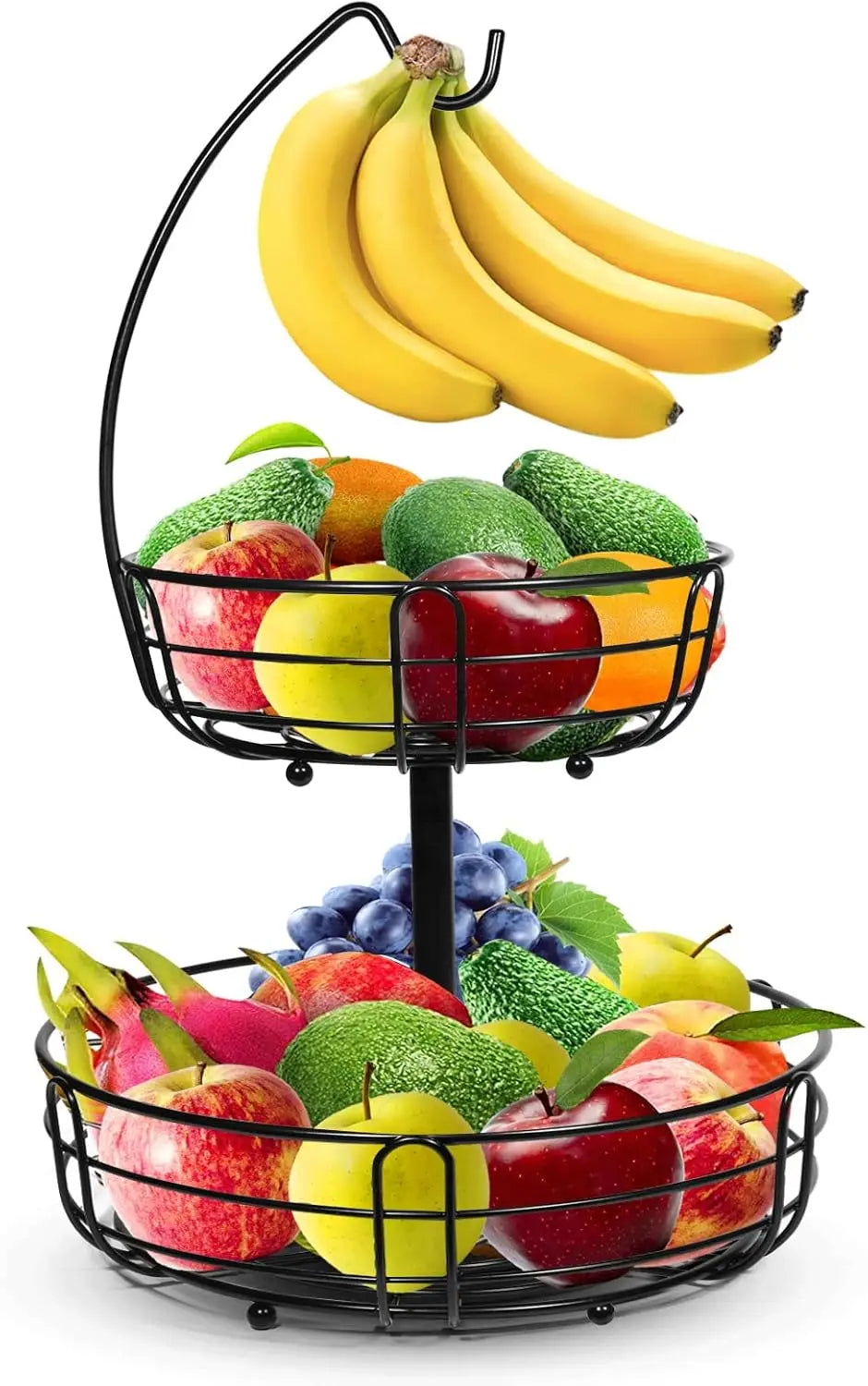 Kitchen Fruit Basket 2-Tier Countertop Storage with Banana Hook (Black)