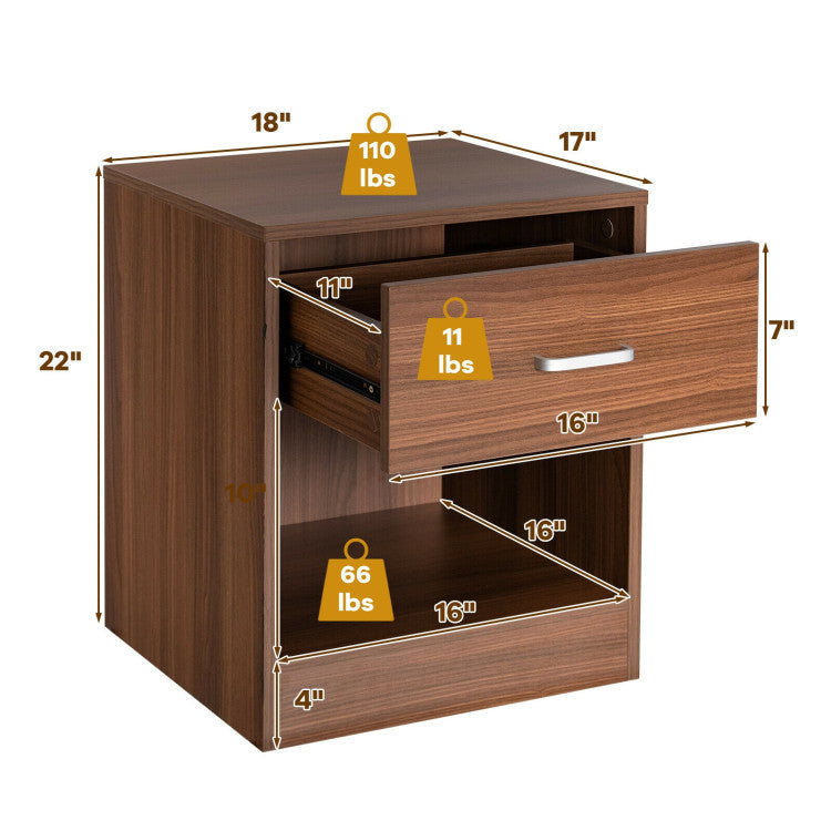 2 Tier Wooden Nightstand Storage Drawer Open Cabinet (Brown)