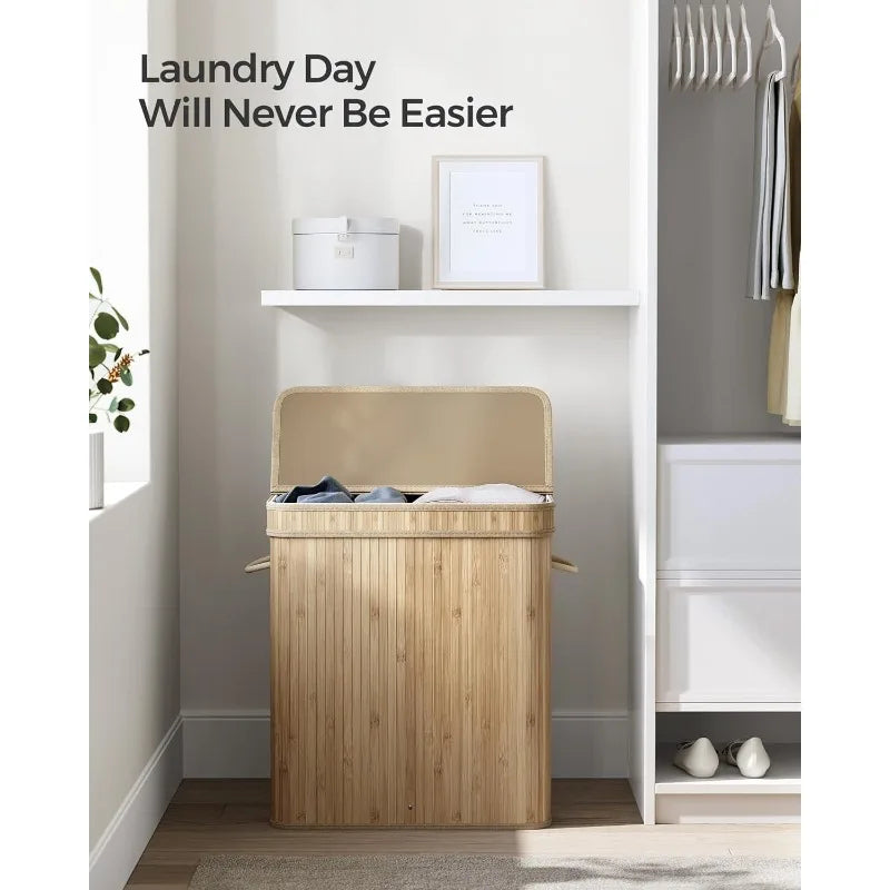 Bamboo Laundry Hamper with Lid 26.4 Gal with Removable &amp; Washable Liner (Natural Beige)