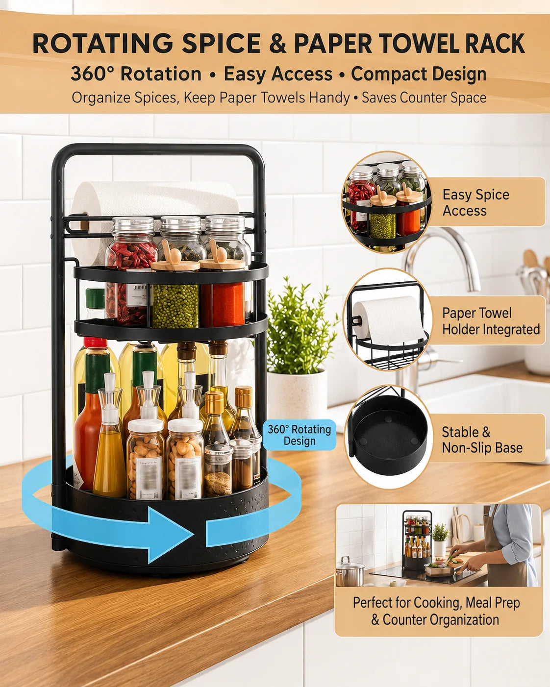 2-Tier Kitchen Countertop Organizer with Paper Towel Holder – Heavy-Duty Spice Rack for Sauce, Oil Bottles & Kitchen Storage