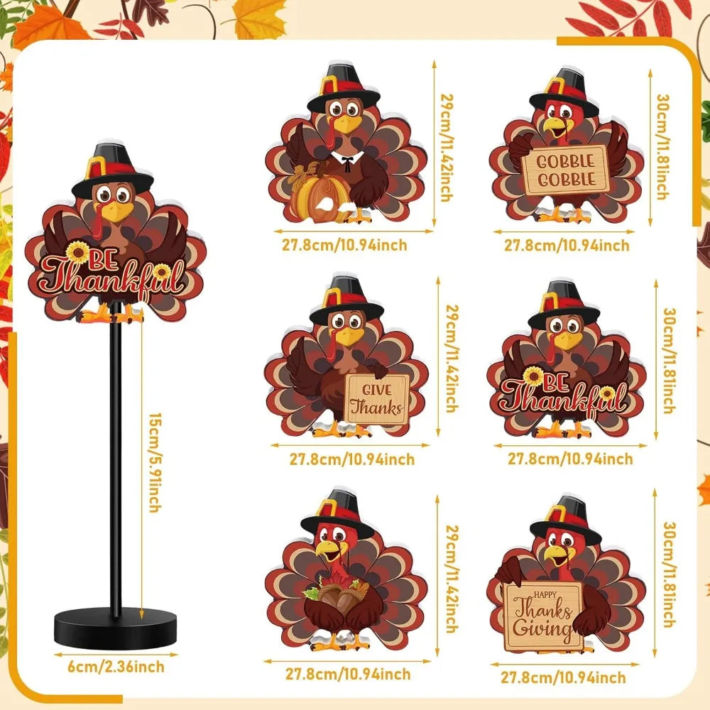 Set of 6 Rustic Turkey Thanksgiving Table Signs Tall Standing Wooden Farmhouse Centerpiece Decor