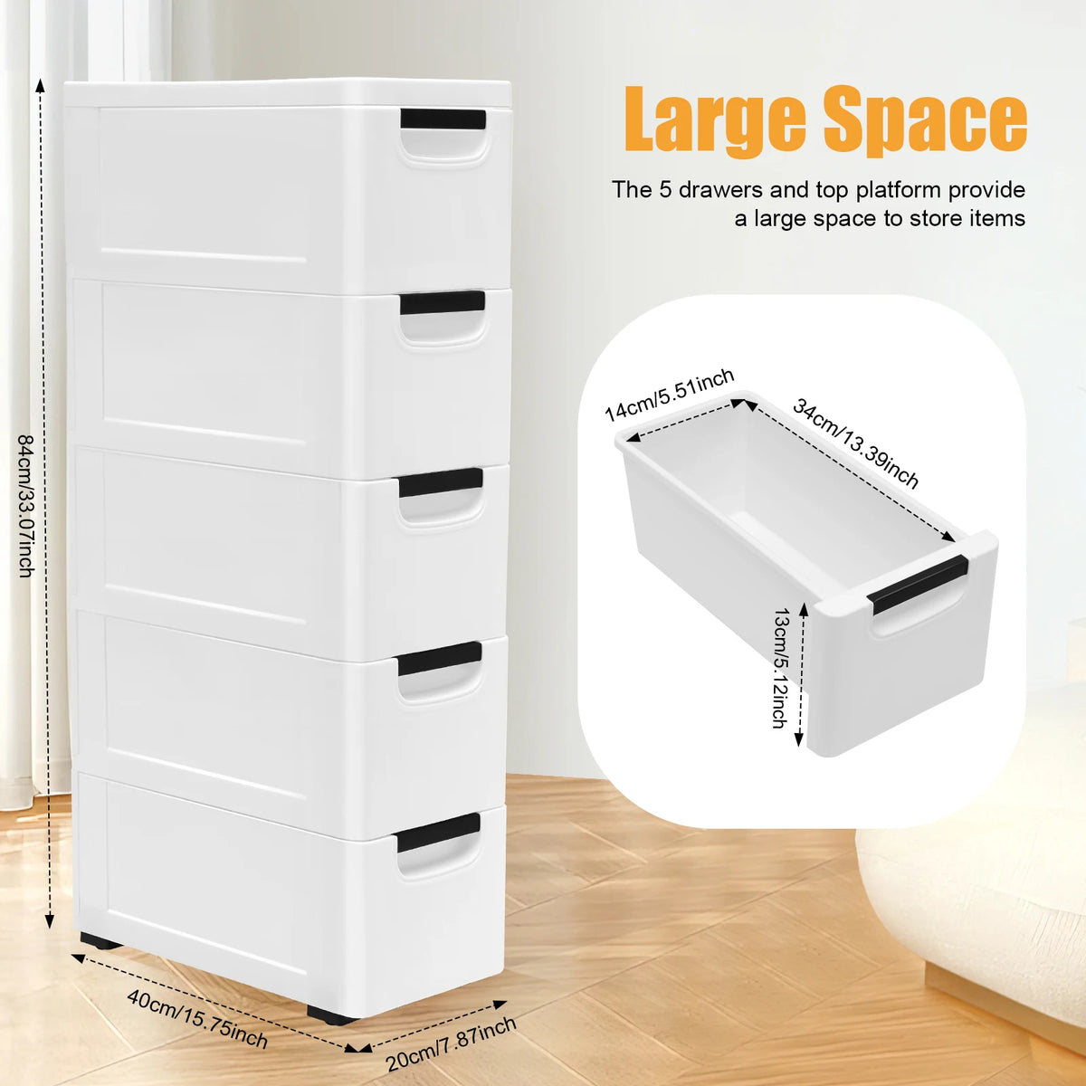 Plastic Storage Drawer Cabinet 5-Layer with Wheels (White)