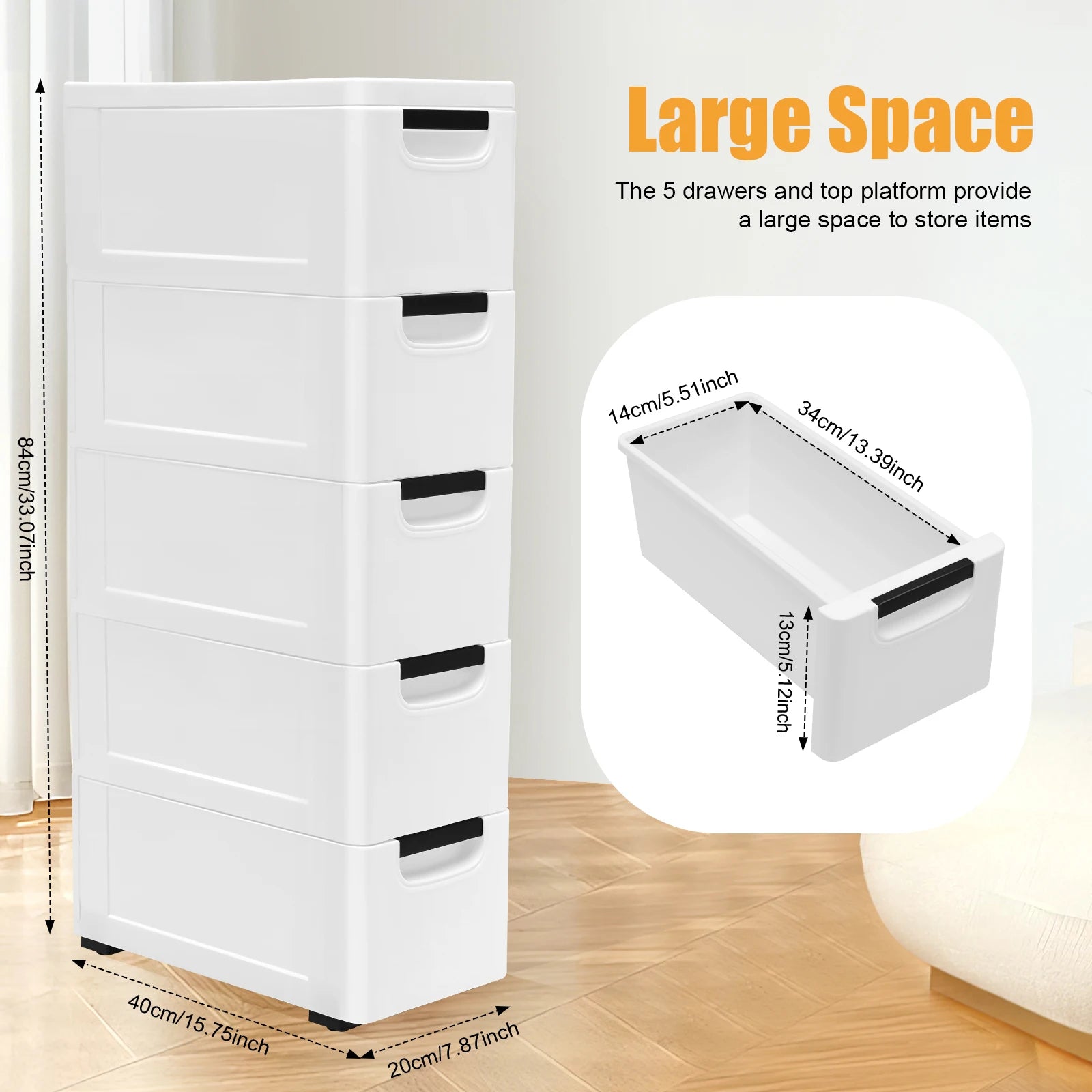 Plastic Storage Drawer Cabinet 5-Layer with Wheels (White)