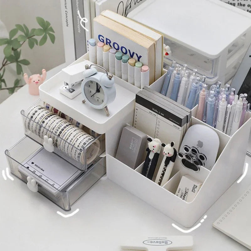 Desktop Organizer Pen Holders with Drawers (White)