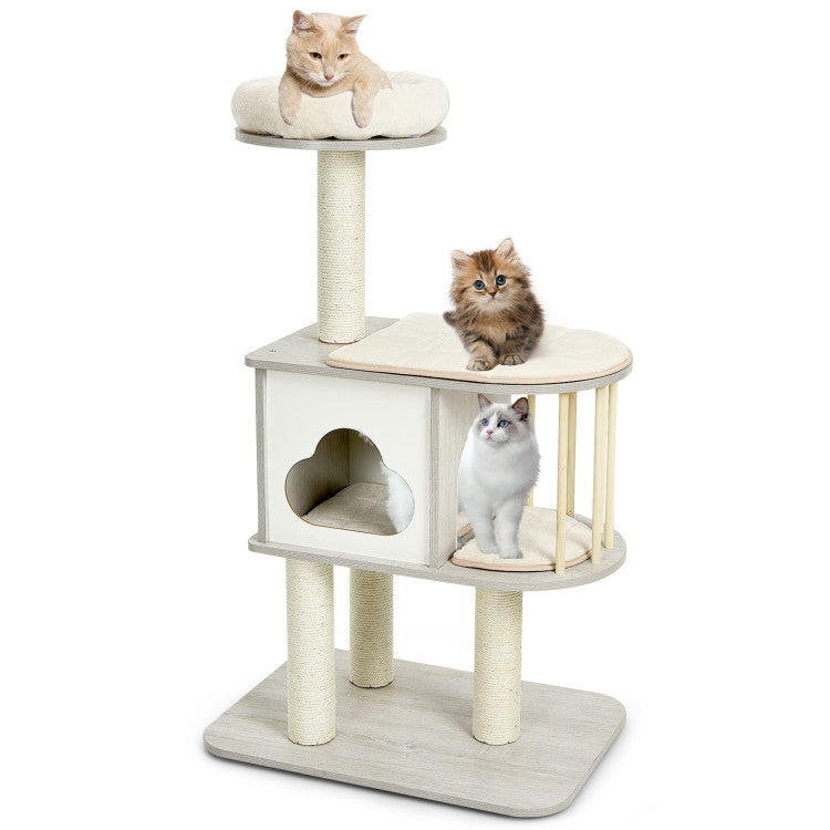 Wooden Cat Activity Tree 46" with Platform and Cushions for Pets