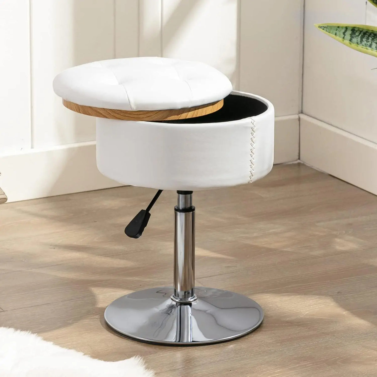 Faux Leather Vanity Chair with Storage Height Adjustable Makeup Stool (Black)