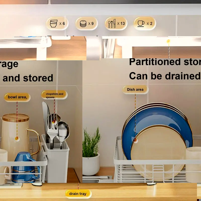 Dish Drainer Rack with Cutlery Cup Holders (White)