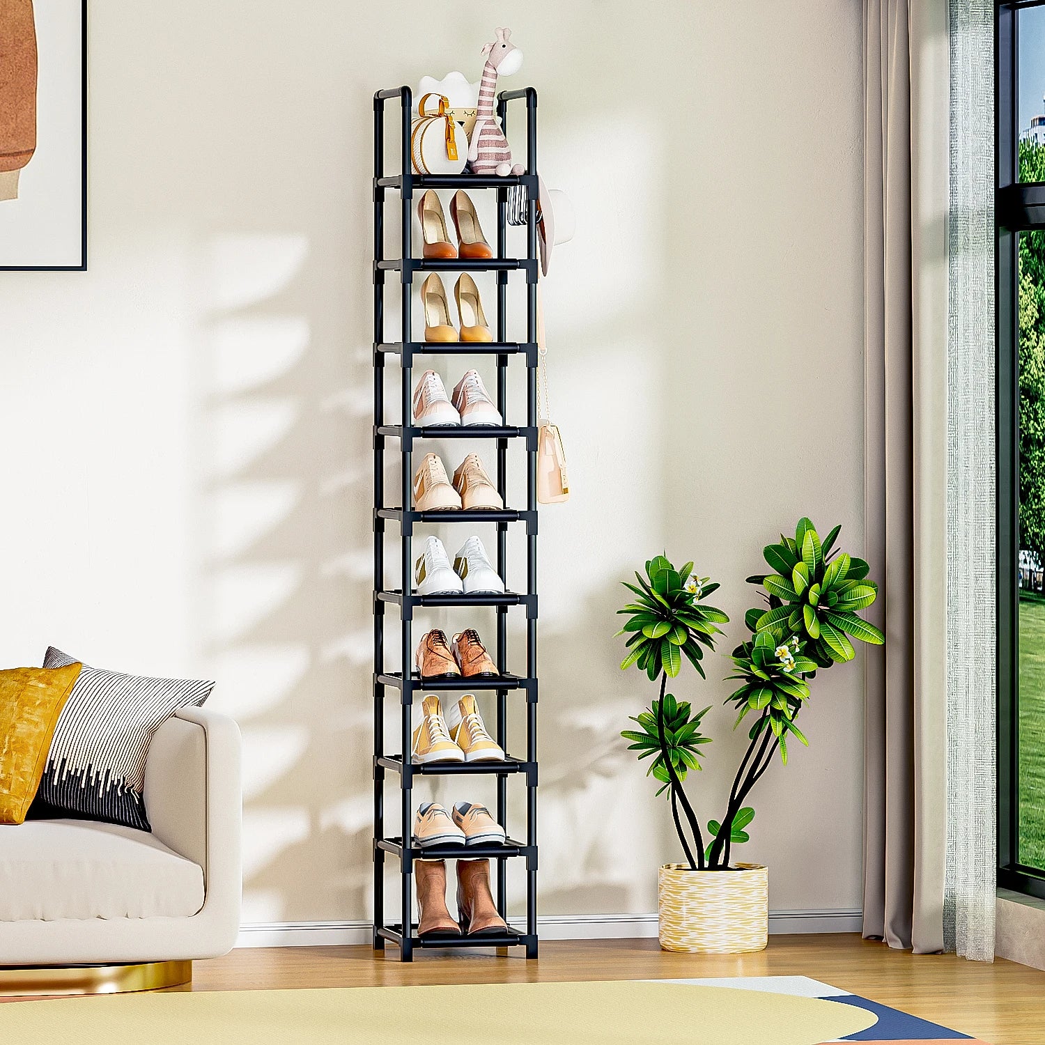 10-Tier Shoe Rack Durable Metal Corner Organizer for Shoes Storage (Black)
