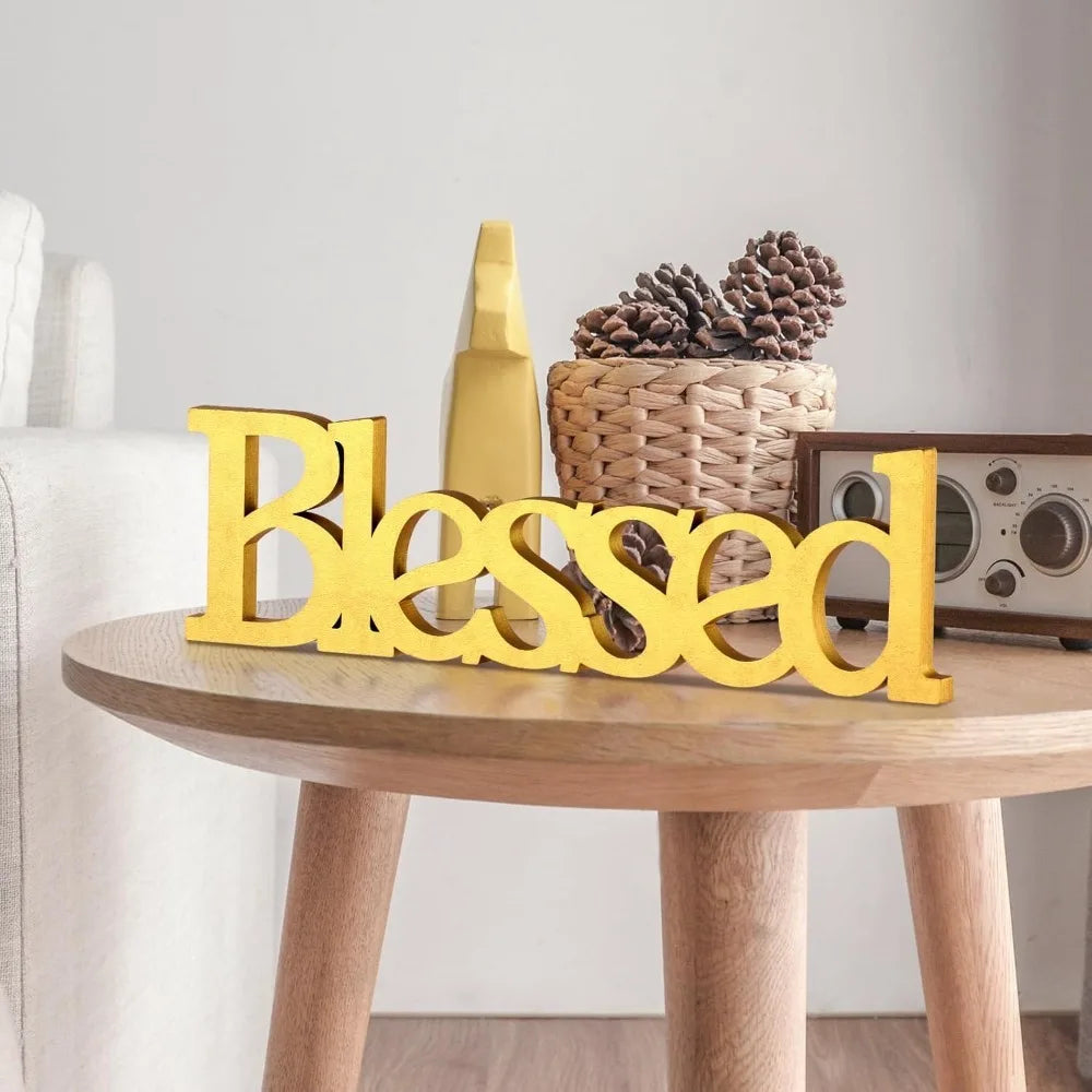 Blessed Rustic Wooden Table Sign Gold for Home Decor