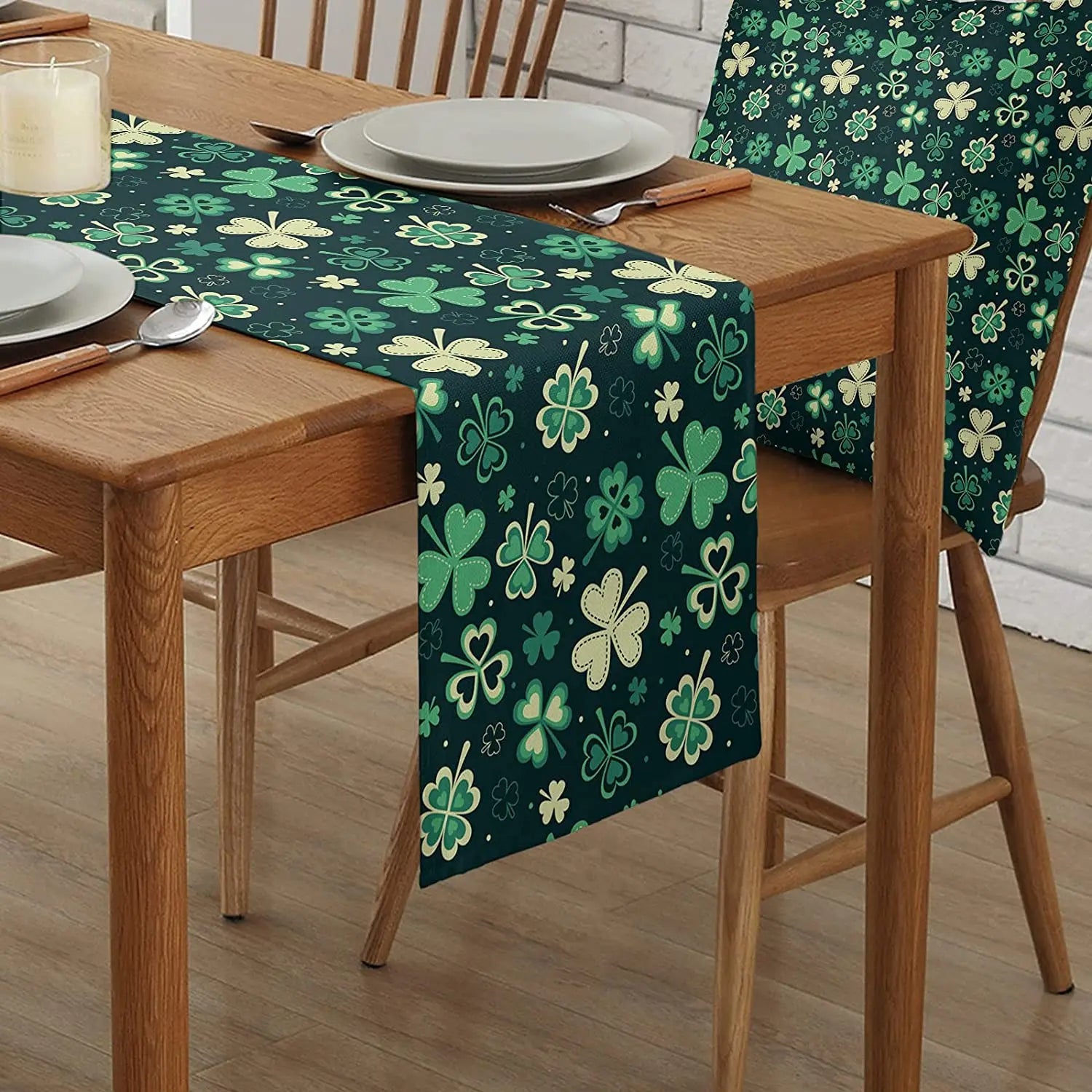 St. Patrick's Day Table Runner Linen Burlap Shamrock Clover Green Plaid