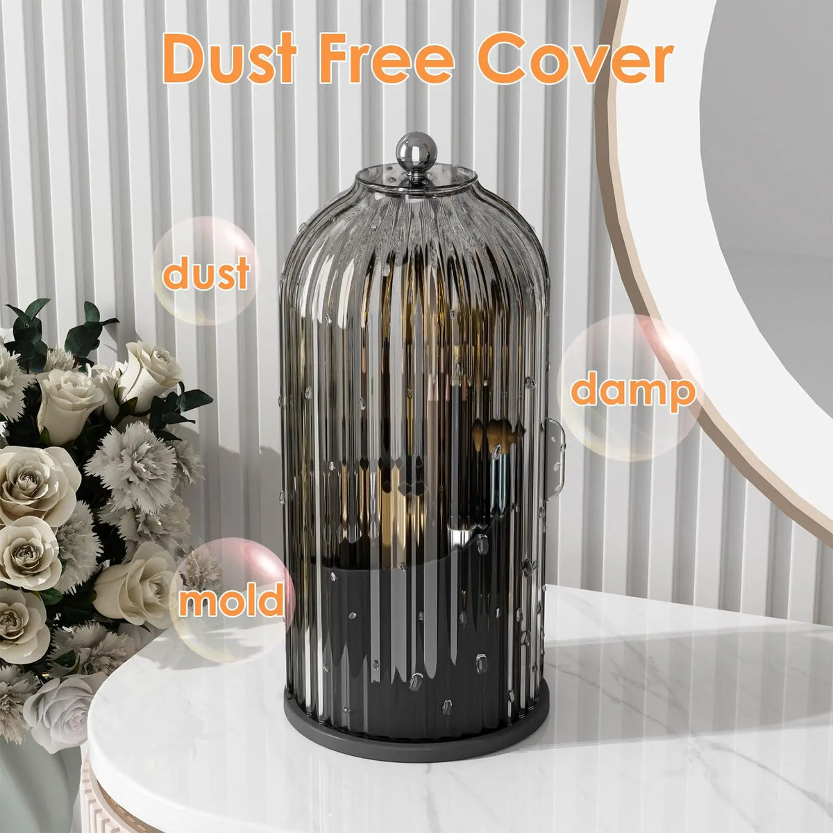 Rotating Makeup Brush Holder with Clear Lid and 3 Compartments (White)