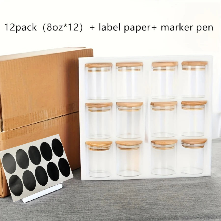 12pcs Glass Jars with Airtight Bamboo Lids Food Storage Containers