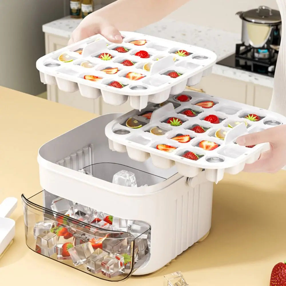 50-Cube Ice Cube Tray with Storage Bin, Double-Layer Ice Maker with Easy-Press Lid (White)
