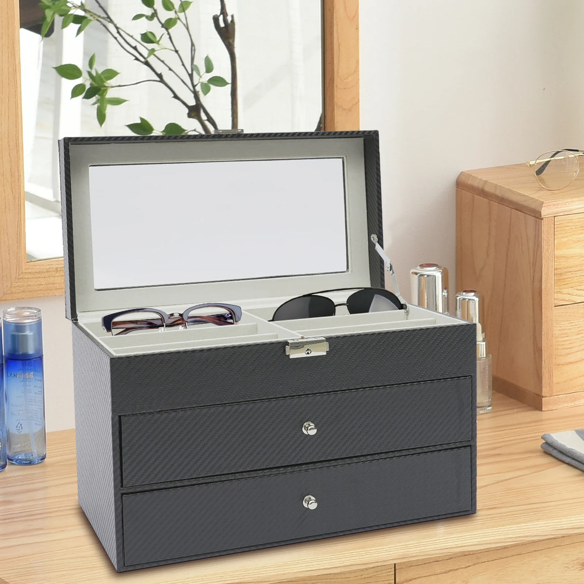 Display Case 18-Slot Eyeglass Storage Box with Drawer (Black)
